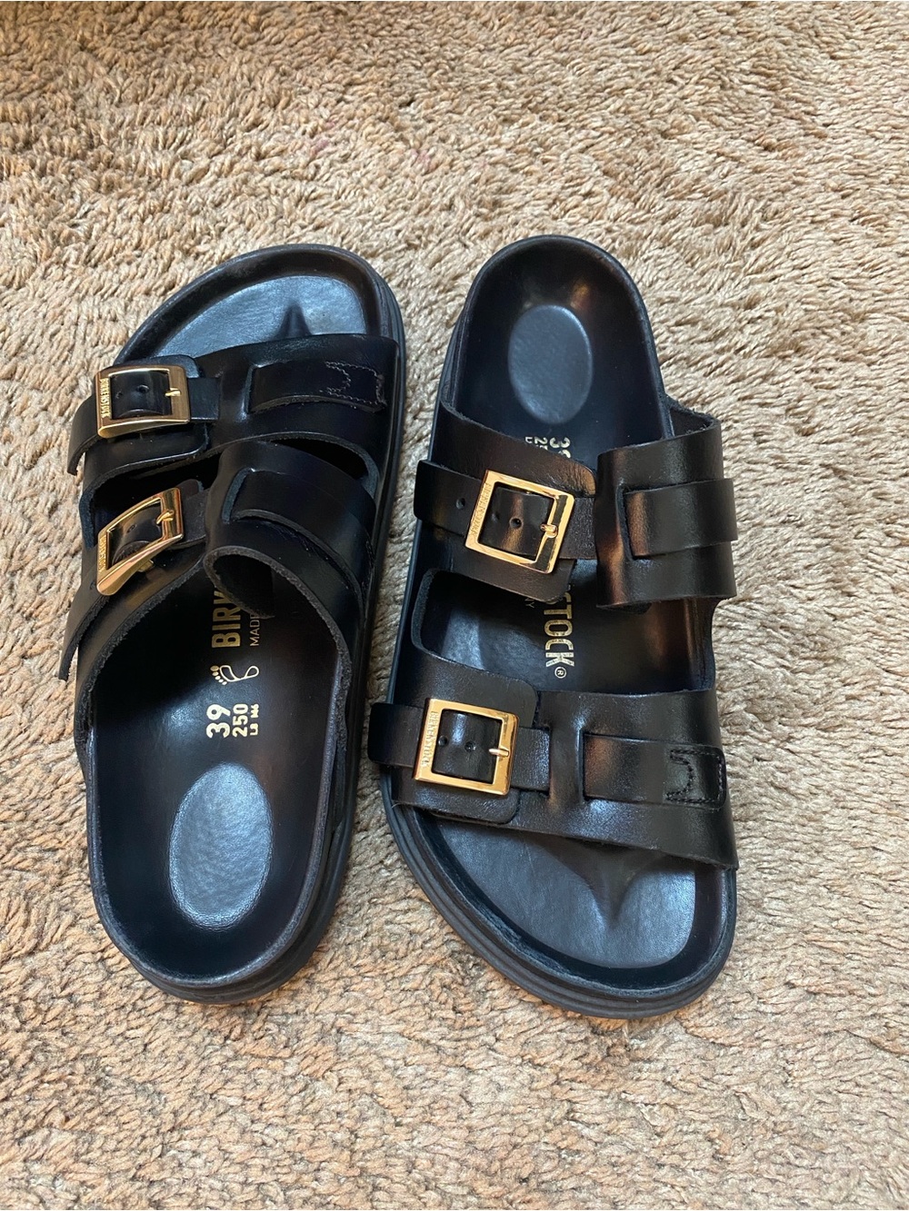 Birkenstock St Barths Black Leather Double Two-Strap Sandals with Gold Buckles - Picture 3 of 16